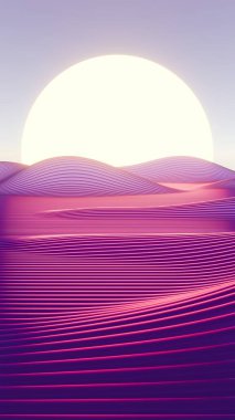 Surreal Abstract Landscape with Bright Sun and Flowing Purple Waves clipart