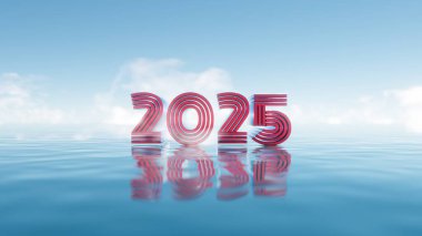 2025 Floating Typography with Water Reflection and Blue Sky clipart