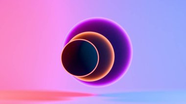 Pembe, mor ve mavi renkte parlayan yüzükler içeren renkli soyut tasarım, pürüzsüz, dinamik şekillere sahip fütürist ve minimalist bir estetik yaratıyor..