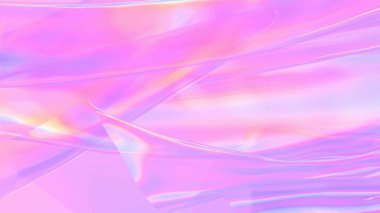 Işık saçan dairesel şekilli holografik kumaş yumuşak pastel gradyan arkaplan üzerine kurulmuş fütürist ve gerçeküstü bir estetik yaratıyor..