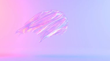 Işık saçan dairesel şekilli holografik kumaş yumuşak pastel gradyan arkaplan üzerine kurulmuş fütürist ve gerçeküstü bir estetik yaratıyor..