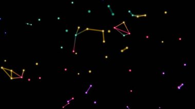 Neon gölgelerdeki parlak çizgiler ve düğümlerden oluşan renkli bir ağ, siyah bir arkaplan karşısında soyut geometrik desenler oluşturarak, dinamik, geleceksel bir tasarımı çağrıştırıyor.