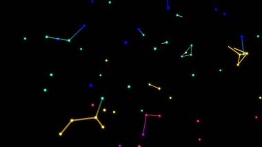 Neon gölgelerdeki parlak çizgiler ve düğümlerden oluşan renkli bir ağ, siyah bir arkaplan karşısında soyut geometrik desenler oluşturarak, dinamik, geleceksel bir tasarımı çağrıştırıyor.