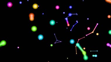 Neon renkli noktalar, çizgiler ve şekiller siyah bir zemin üzerinde yüzüyor, kozmik geometri ve minimalist tasarım ipuçları içeren canlı, geleceksel bir sahne oluşturuyorlar.