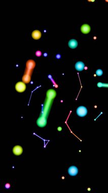 Neon renkli noktalar, çizgiler ve şekiller siyah bir zemin üzerinde yüzüyor, kozmik geometri ve minimalist tasarım ipuçları içeren canlı, geleceksel bir sahne oluşturuyorlar.