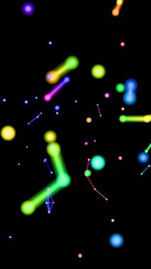 Neon renkli noktalar, çizgiler ve şekiller siyah bir zemin üzerinde yüzüyor, kozmik geometri ve minimalist tasarım ipuçları içeren canlı, geleceksel bir sahne oluşturuyorlar.