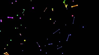 Neon renkli noktalar, çizgiler ve şekiller siyah bir zemin üzerinde yüzüyor, kozmik geometri ve minimalist tasarım ipuçları içeren canlı, geleceksel bir sahne oluşturuyorlar.