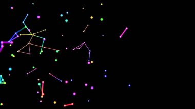 Neon renkli noktalar, çizgiler ve şekiller siyah bir zemin üzerinde yüzüyor, kozmik geometri ve minimalist tasarım ipuçları içeren canlı, geleceksel bir sahne oluşturuyorlar.