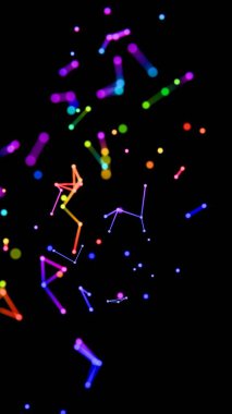 Neon renkli noktalar, çizgiler ve şekiller siyah bir zemin üzerinde yüzüyor, kozmik geometri ve minimalist tasarım ipuçları içeren canlı, geleceksel bir sahne oluşturuyorlar.