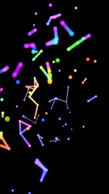 Neon renkli noktalar, çizgiler ve şekiller siyah bir zemin üzerinde yüzüyor, kozmik geometri ve minimalist tasarım ipuçları içeren canlı, geleceksel bir sahne oluşturuyorlar.