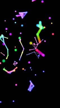 Neon renkli noktalar, çizgiler ve şekiller siyah bir zemin üzerinde yüzüyor, kozmik geometri ve minimalist tasarım ipuçları içeren canlı, geleceksel bir sahne oluşturuyorlar.