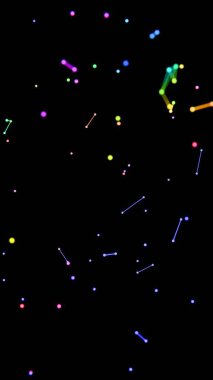 Neon renkli noktalar, çizgiler ve şekiller siyah bir zemin üzerinde yüzüyor, kozmik geometri ve minimalist tasarım ipuçları içeren canlı, geleceksel bir sahne oluşturuyorlar.