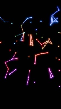 Neon renkli noktalar, çizgiler ve şekiller siyah bir zemin üzerinde yüzüyor, kozmik geometri ve minimalist tasarım ipuçları içeren canlı, geleceksel bir sahne oluşturuyorlar.