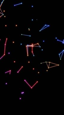 Neon renkli noktalar, çizgiler ve şekiller siyah bir zemin üzerinde yüzüyor, kozmik geometri ve minimalist tasarım ipuçları içeren canlı, geleceksel bir sahne oluşturuyorlar.