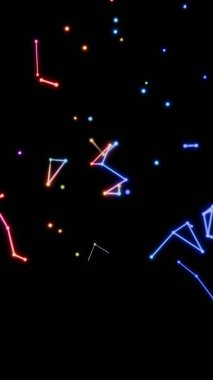 Neon renkli noktalar, çizgiler ve şekiller siyah bir zemin üzerinde yüzüyor, kozmik geometri ve minimalist tasarım ipuçları içeren canlı, geleceksel bir sahne oluşturuyorlar.