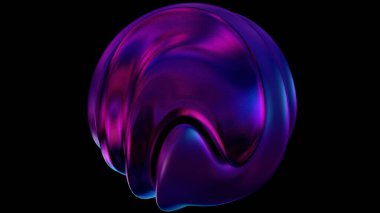 Parlak pembe ve mor renkte dönen küre, metalik bir parıltıyla, fütüristik bir estetik için siyah arkaplan üzerinde soyut bir şekil oluşturur.