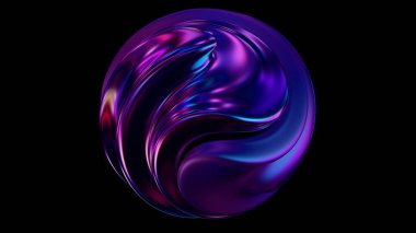 Parlak pembe ve mor renkte dönen küre, metalik bir parıltıyla, fütüristik bir estetik için siyah arkaplan üzerinde soyut bir şekil oluşturur.