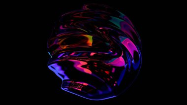 Parlak pembe ve mor renkte dönen küre, metalik bir parıltıyla, fütüristik bir estetik için siyah arkaplan üzerinde soyut bir şekil oluşturur.