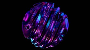Parlak pembe ve mor renkte dönen küre, metalik bir parıltıyla, fütüristik bir estetik için siyah arkaplan üzerinde soyut bir şekil oluşturur.