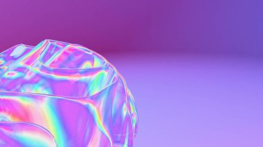 Yumuşak mor arkaplanda dönen gökkuşağı renklerine sahip holografik bir küre, modern pastel estetiğiyle aydınlık, akışkan ve soyut bir tasarım oluşturur.