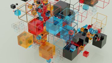 Parlak kırmızı, mavi ve turuncu tonlarda şeffaf ve katı küplerin kompleks düzeni, açık arkaplanda modern bir 3 boyutlu geometrik kompozisyon oluşturur.