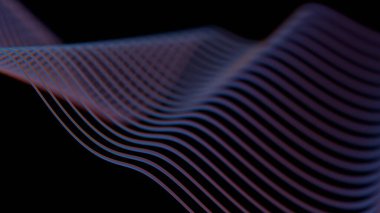 Siyah zemin üzerinde ince pembe ve mavi eğimli parlayan dalga çizgileri akışkan hareket ve minimalist geometri ile pürüzsüz ve modern bir soyut tasarım oluşturur.