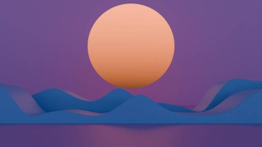 Büyük turuncu bir güneş ve mor bir gökyüzüne doğru yuvarlanan mavi dalgaların oluşturduğu asgari soyut sahne yumuşak kıvrımlı ve dingin tonlu rüya gibi, gerçeküstü bir manzara yaratıyor.