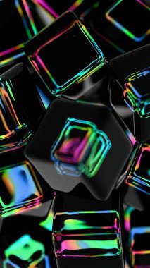 Yanardöner kenarlı parlak siyah küpleri koyu bir arka planda düzenlenmiş, illüzyonları ve teknolojiyi parlak, modern, soyut bir tasarıma harmanlıyor.