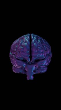 Parlak siyah 3D beyin, karanlık bir arkaplanda izole edilmiş. Karmaşık anatomik yapısını vurgulayan minimum, gelecekçi bir konsepti vurguluyor.