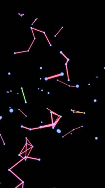 Neon renkli noktalar, çizgiler ve şekiller siyah bir zemin üzerinde yüzüyor, kozmik geometri ve minimalist tasarım ipuçları içeren canlı, geleceksel bir sahne oluşturuyorlar.