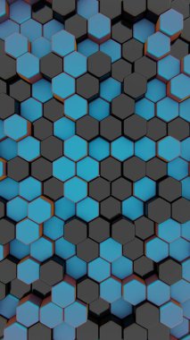 Siyah ve mavi altıgen 3D bloklar bal peteği deseninde dizilmiş, tekrarlayan geometri ve gelecekteki mozaik estetik ile modern ve minimal bir tasarım oluşturuyorlar.