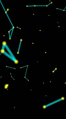 Neon gölgelerdeki parlak çizgiler ve düğümlerden oluşan renkli bir ağ, siyah bir arkaplan karşısında soyut geometrik desenler oluşturarak, dinamik, geleceksel bir tasarımı çağrıştırıyor..