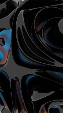 Parlak, siyah ve mavi kıvrımlı, turuncu ipuçları içeren, akışkan, modern bir şekil oluşturan, yansıma ve renk değişimlerini dinamik bir 3 boyutlu dizaynda birleştiren
