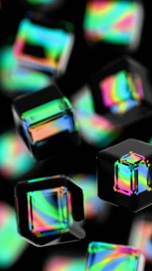 Yanardöner kenarlı parlak siyah küpleri koyu bir arka planda düzenlenmiş, illüzyonları ve teknolojiyi parlak, modern, soyut bir tasarıma harmanlıyor.
