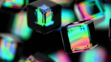 Yanardöner kenarlı parlak siyah küpleri koyu bir arka planda düzenlenmiş, illüzyonları ve teknolojiyi parlak, modern, soyut bir tasarıma harmanlıyor.