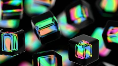 Yanardöner kenarlı parlak siyah küpleri koyu bir arka planda düzenlenmiş, illüzyonları ve teknolojiyi parlak, modern, soyut bir tasarıma harmanlıyor.