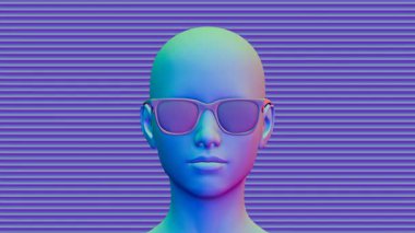 Güneş gözlüklü 3D model. Renkli arka planı neon renkli. Moda renkleri. moda ve tarz kavramı