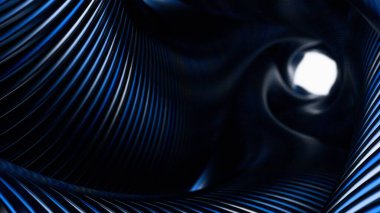 Parlak çizgili desenli metalik mavi ve siyah kıvrımlı tünelin yakın görüntüsü