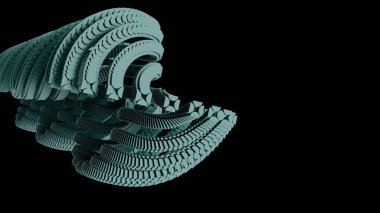 Siyah arkaplanda kavisli siyan geometrik katmanları olan karmaşık üç boyutlu soyut yapı
