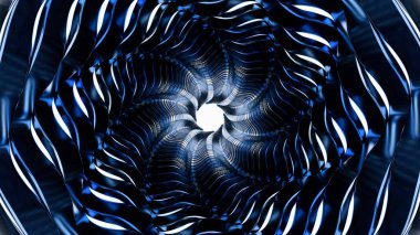 Mavi ve siyah yansıtıcı kurdeleleri parlak bir merkeze yaklaşan soyut metalik bir tünel..