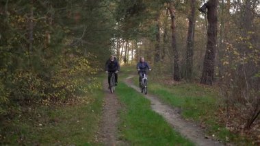 Sonbaharda bir sonbahar günü bisiklet süren birkaç emekli. 60 yaşın üstündeki insanlar, gençlik çağında. Yüksek kaliteli FullHD görüntüler