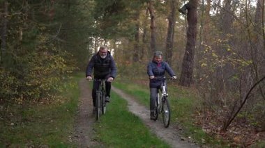Sonbaharda bir sonbahar günü bisiklet süren birkaç emekli. 60 yaşın üstündeki insanlar, gençlik çağında. Yüksek kaliteli FullHD görüntüler
