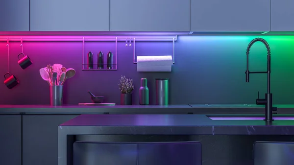 Moderne Küche Mit Farbigen Led Lichtern Bei Nacht Stockbild