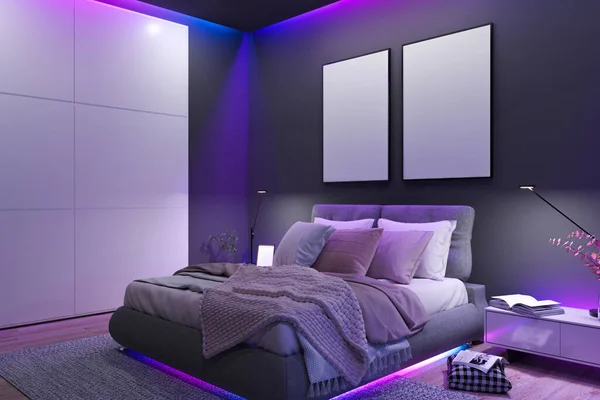 Ilustración Dormitorio Moderno Con Lámparas Encendidas Luces Ventana Dos Carteles —  Fotos de Stock