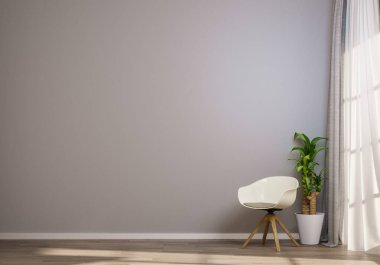 Minimalist bir iç mekan. Beyaz bir sandalye ve saksı bitkisinin yanında tahta bacaklar. Duvar yumuşak gri bir renge boyanmıştır ve doğal ışığın içeri süzülmesini sağlayan katıksız bir perde vardır. Bu da sakin ve davetkar bir atmosfer yaratır..