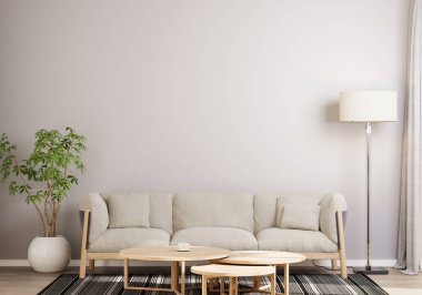 Minimalist oturma odası bej bir kanepe, yuvarlak ahşap sehpa, yer lambası ve açık gri bir duvara karşı saksı bitkisi. 3 Boyutlu Hazırlama