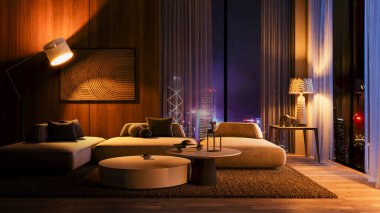 Sıcak ve davetkar oturma odası sahnesi, yumuşak, sıcak ışıkla aydınlatılmış, iç tasarım projelerinde rahat ve rahatlatıcı atmosferler yaratmak için mükemmel. 3 Boyutlu Hazırlama.