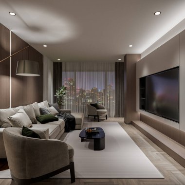 Kanepesi ve büyük bir televizyona bakan koltukları olan modern bir oturma odası. Serin beyaz ışıklandırma, şehir ışıklarının pencereden görülebildiği temiz ve çağdaş bir ortam yaratır. 3 Boyutlu Hazırlama