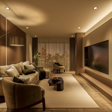 Modern bir oturma odasında duvarla çevrili büyük bir televizyona bakan bir kanepe ve iki koltuk yer alır. Hoş, rahatlatıcı yumuşak beyaz ışık, sıcak bir ortam yaratır, şehir ışıkları pencereden görülebilir. 3 Boyutlu Hazırlama