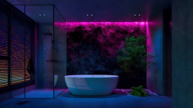Canlı neon ışıklandırmalı modern bir banyo tasarımı. Özellikler arasında büyük bir küvet, cam duş ve desenli taş bir duvara karşı dekoratif yeşillik yer alıyor. 3 Boyutlu Hazırlama
